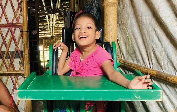 In the refugee camps of Cox's Bazar, Bangladesh, Harisa receives rehabilitation and ongoing treatment for cerebral palsy.